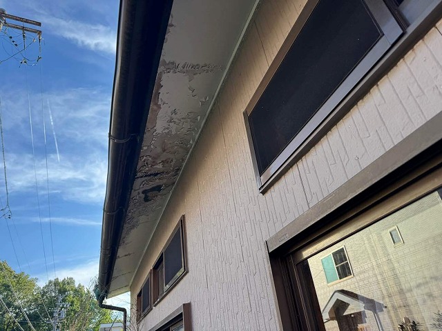 下屋根の劣化が原因となって発生した雨漏りで傷んだ軒天