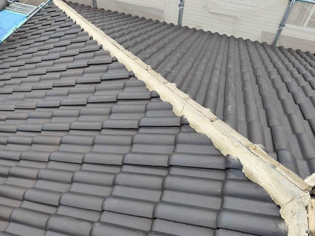 屋根棟瓦取り直し工事で既存棟瓦の取り外し後の垂木劣化状況