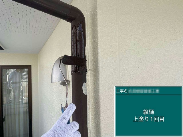 雨樋塗装工程の縦樋への上塗り1回目