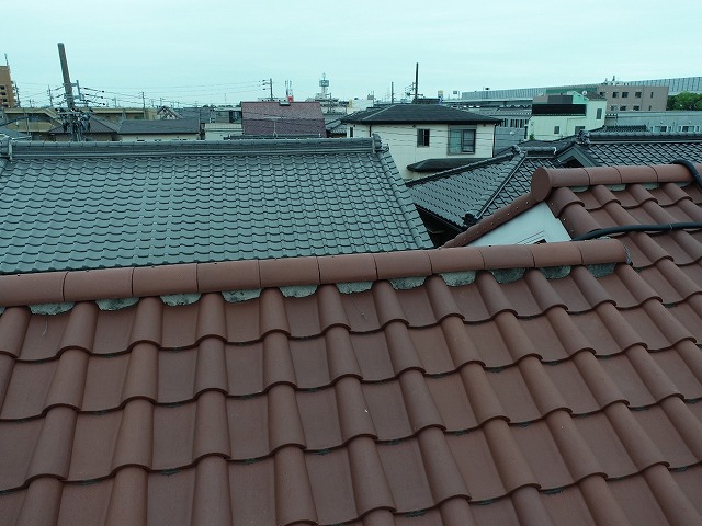 モニエル瓦屋根の棟部漆喰に変色を確認