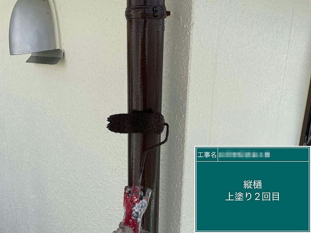 雨樋塗装工程の縦樋への上塗り2回目
