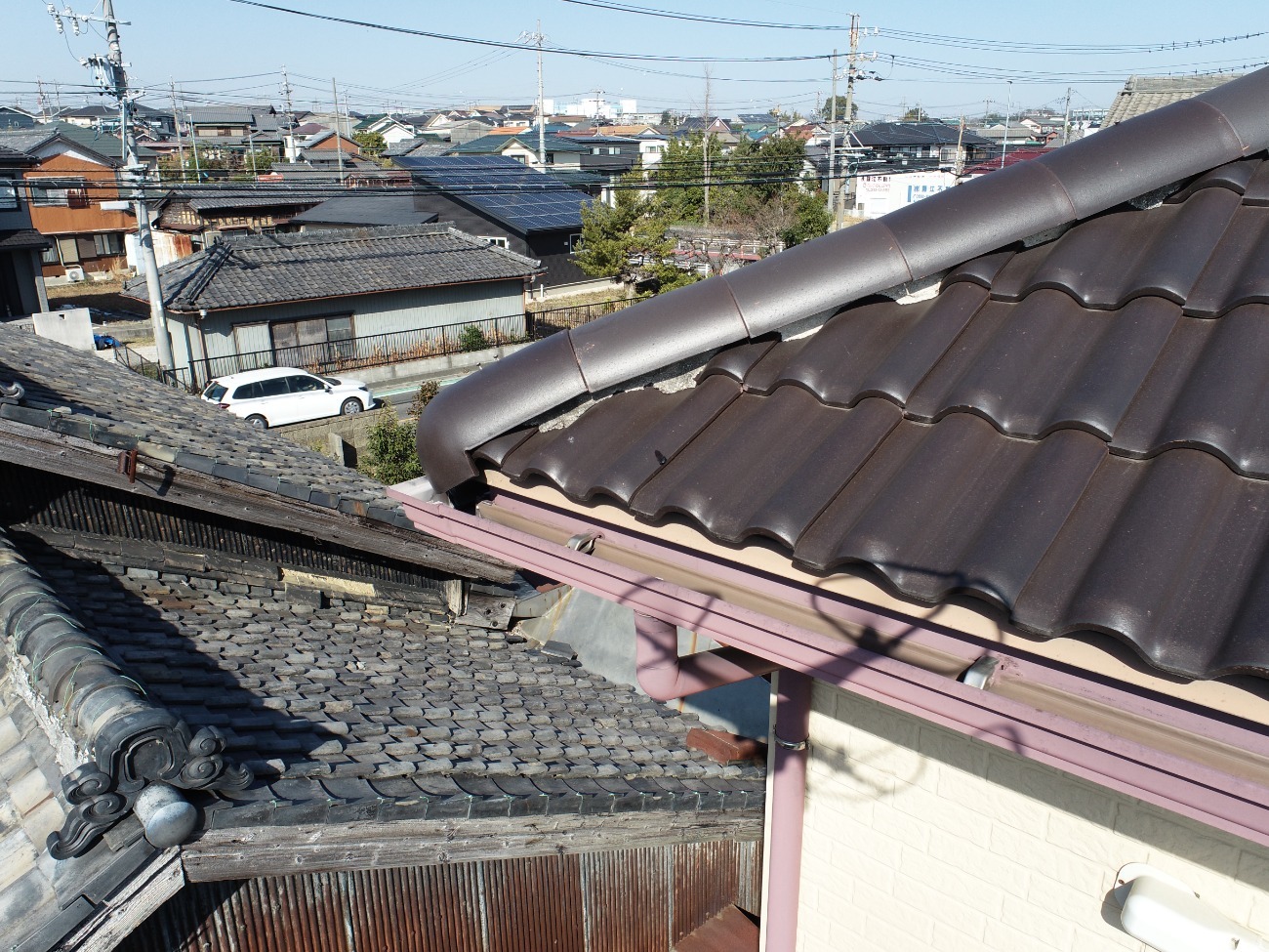 名古屋市中川区　棟先端部分のズレ・漆喰の痩せの様子